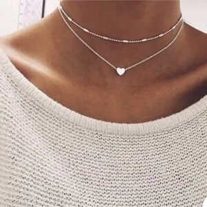 Silver Tone Layered Necklace Choker Heart Pendant 15"